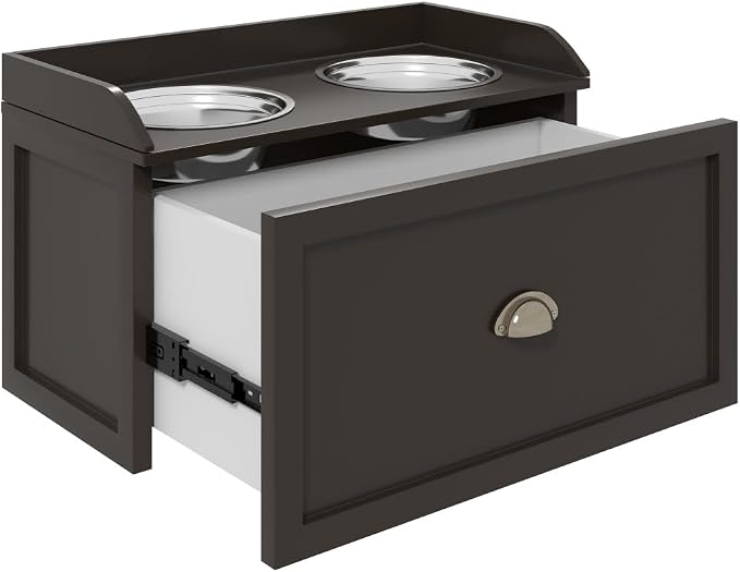Elevated Dog Feeding Station with Storage Drawer and 2 Stainless Steel Bowls for Large Dogs, Coffee Finish MDF Pet Food Organizer