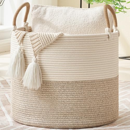 KAKAMAY Large Blanket Basket (18"x18"x16"), Woven Baby Laundry Hamper for Storage, Cotton Rope Basket for Nursery, Laundry, Living Room, Pillows, Baby Toy Chest with Handles (Black Stripes)