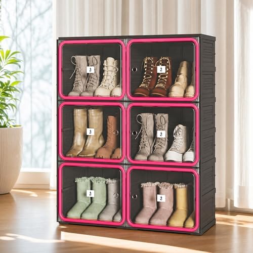 Shoe Rack Organizer, Shoe Storage Cabinet, Black 3-Tier 12-Pair | Foldable Shoe Rack for Closet with Transparent Magnetic Doors, Tool-Free Setup, Free Standing Boot Cabinet Box