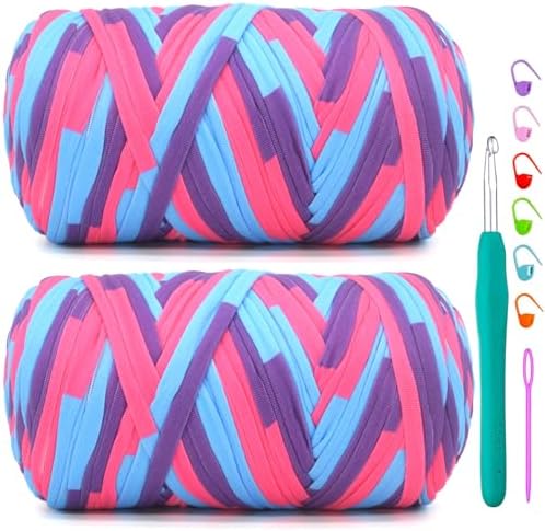 2 Pack Tshirt Yarn for Crochet,Rainbow T Shirt Soft Elastic Fabric Chunky Thick T-Shirt Crochet Yarn for Crocheting Knitting Beginner Hand Knitting Bag/DIY Craft/Home Decor 2*400G-Mermaid Purple Blue