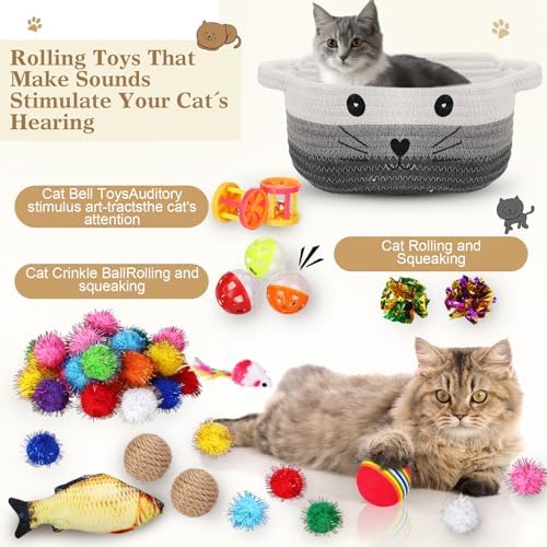 Zopeal 58 Pcs Summer Cat Storage Basket Gift Toys Set, Colorful Flashing Balls Pet Bell Crinkle Balls Spring Toys Attract Cat to Swat, Hunt, Interactive for Pet(Multicolor,9.8 Inch)