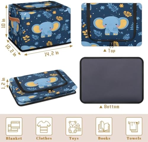 Blue Elephant Storage Bins with Zipper Lid Foldable Fabric Organizer Box with Handles Rectangular Closet Clothes Organizer Containers