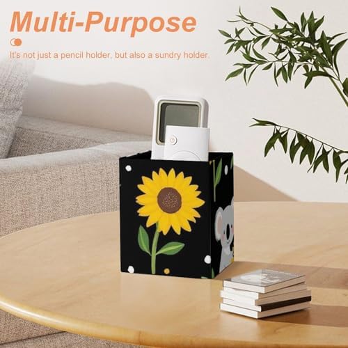 Pen Holder Square Desktop Organizer Pencil Cup For Desk, Office, Home And Stationary Supplies Cute Koala Black Yellow Sunflower