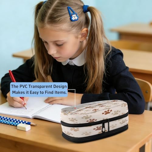 SUABO Pet Paw Pencil Case Large Pen Stationery Bag | Pencil Pouch Stationery Organizer with Compartments, Transparent PVC Layer, School Office Supplies for Kids Adults