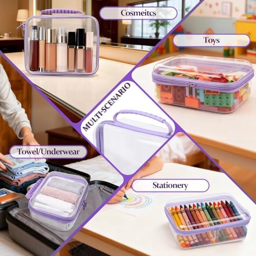 3 PCS Clear Zipper Pouches with Handle, Diaper Bag Organizer, Clear Makeup Bags Hardshell Toy Storage Bins with Zipper Toiletry Pouch Bag for Cosmetics Pencils Puzzles, Building Blocks(Purple)