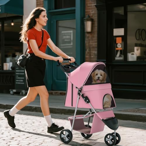 Foldable 3-Wheel Pet Stroller for Small/Medium Dogs & Cats, Pink | Storage Basket & Cup Holder, Breathable Mesh Cover, Lightweight and Durable, for Small to Medium Pets, up to 33 lbs