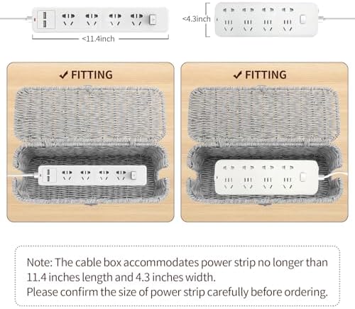 Cable Management Box, Desk Handwoven Rattan Cord Hider Cable Organizer Box With Lid Button Lock, Power Strip Cover Wicker Decorative Basket, Floor Wire Hiding Extension Cord Box (grey)