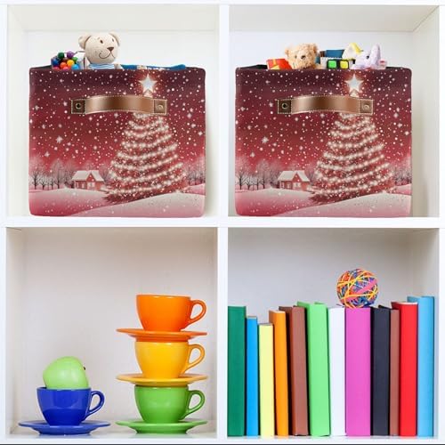 Christmas Tree Red Storage Basket with Waterproof Liner and PU Handles Xmas Winter Snow Scene Storage Bins Boxes 14.2" Collapsible Decorative Organizer Baskets for Bedroom Closet Office 1 Pack