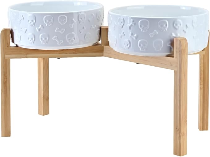 SPUNKYJUNKY Elevated Dog Bowls Ceramic, 8.3'' Dogs Food Water Bowls Raised with Non-Slip Bamboo Stand for Large Sized Breed Microwave Dishwasher Safe - 60 OZ,Skull White