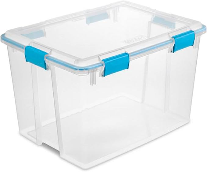 Sterilite 80 Qt Gasket Box, Stackable Storage Bin with Latching Lid and Tight Seal, Plastic Container to Organize Basement, Clear Base and Lid, 1-Pack