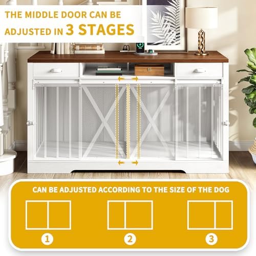 DWVO 63" Double Dog Crate Furniture for 2 Dogs with Charging Station