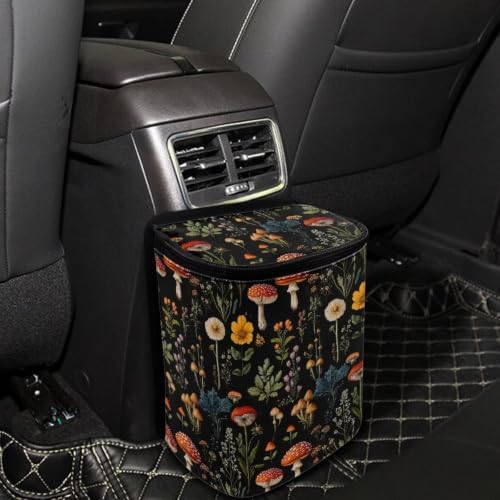 Mushroom Floral Print Car Trash Can with Lid Organizer Multipurpose Trash Bin Decoration for Women Universal for Cars,Sedans, SUVs & Trucks