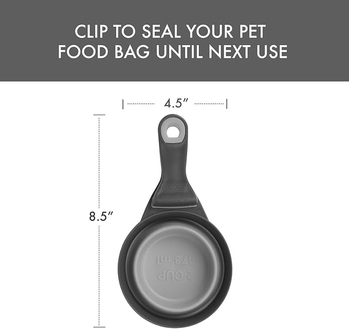 Dexas Popware for Pets Collapsible Klip Scoop, 3-in-1 Pet Food Scoop, Measuring Cup and Bag Clip, 2 Cup Capacity, Light Gray
