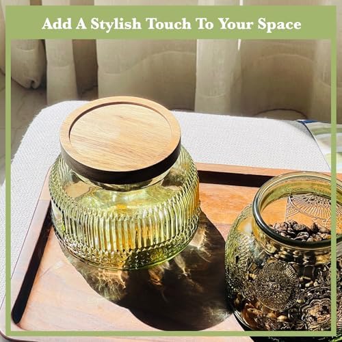 Decorative Green Ribbed Glass Jar with Airtight Wooden Lid, 25.4 fl. oz | Wide mouth vintage storage canister, kitchen pantry bathroom organization, coffee sugar tea cookie candy candle vase gift