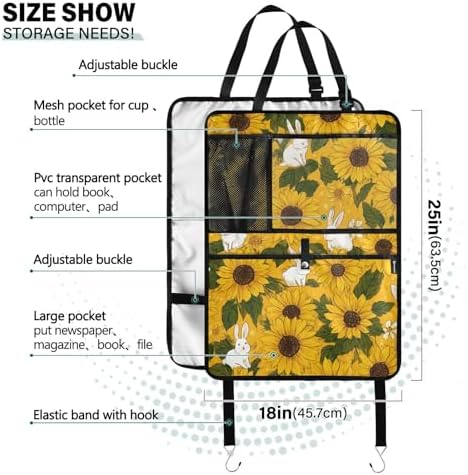 2 Pack Back Seat Car Organizer with Storage Pockets Kick Mats Back Seat Protector Hanging Car Organizer Automotive Seat Back Cover Organizers Autumn Sunflower and Cute Rabbit