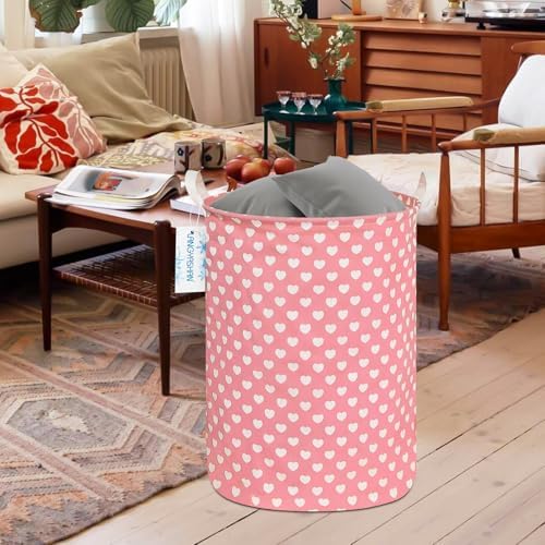 Round Laundry Basket Collapsible Storage Hamper Organizer Pink Heart | Waterproof Canvas Foldable Baskets with sturdy Handles Multi-scene Organizer for Home Play Bedroom Gift Bin