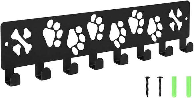 Dog Leash Holder for Wall, Key Holder Wall Mount, Cat Paws Design Metal Rack with 8 Hooks, Multi-Purpose Organizer Rack for Dog Leashes, Pet Collars, Toys, Treats & Household Keys