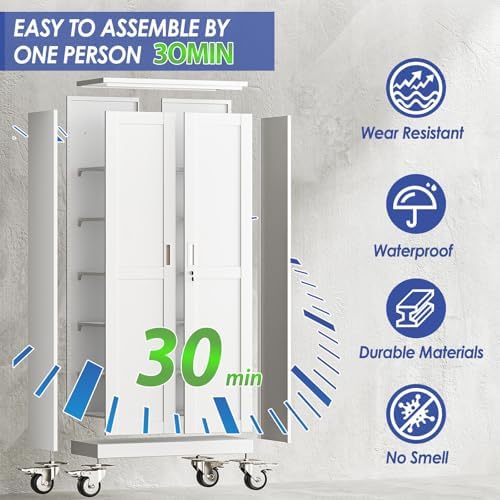 45.6" Metal Garage Storage Cabinet with Wheels and Locking Doors and Tall Rolling Steel Tool Cabinet with 3 Adjustable Shelves for Garage,Home,Office,Shop (White, 45.6''H x 23.7''W x11.8''D)