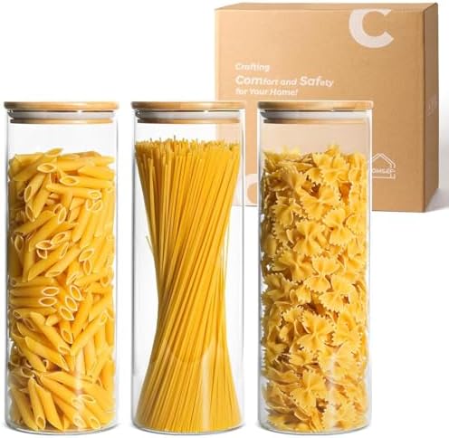 ComSaf Pasta Containers Storage 2 Qt, Spaghetti Container, 3 Pack Glass Jar | 11.3-inch Tall Glass Canisters, Glass Storage Containers with Lids, Noodles, Cereal, Oats, Kitchen Dry Food Storage, BPA Free