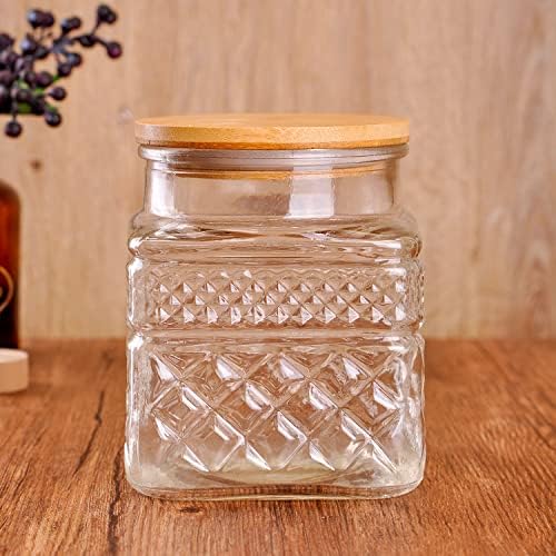 WHJY Glass Storage Container with Lid, Airtight Glass Jars, Farmhouse Tea Canister, Dog Treat Jar for Pet, Glass Candy Cookies Coffee Canister Jar Bath Salt Container - Square 47 oz