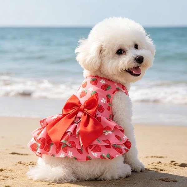 PUPTECK Summer Dog Dress with Bow and Leash Ring, Pink Strawberry M | Cute Adorable Breathable Mesh Dog Clothes for Small Medium Dogs Puppy Cats, Pet Outfit Apparel for Birthday Party
