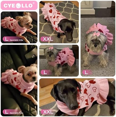 cyeollo Valentines Dog Sweater Dress, Turtleneck Pullover Heart Outfit