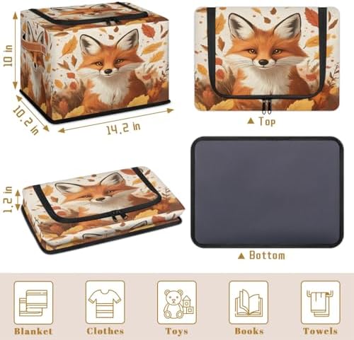 Fox Storage Bins with Zipper Lid Autumn Maple Leaves Foldable Fabric Organizer Box with Handles Rectangular Closet Clothes Organizer Containers