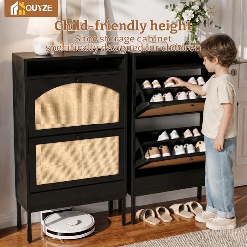 2 Flip Drawers Shoe Cabinet Storage for Kid’s/Women, Narrow Shoes Organizer Cabinetfor Front Door Entrance, Free Standing Hidden Wooden Shoe Rack (Black)