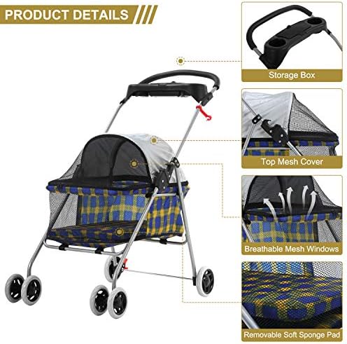 Meet Perfect Pet Stroller for Small/Medium Dogs & Cats, Foldable | Waterproof fabric helps protect pets during outdoor travel; Mesh panels provide ventilation and visibility.