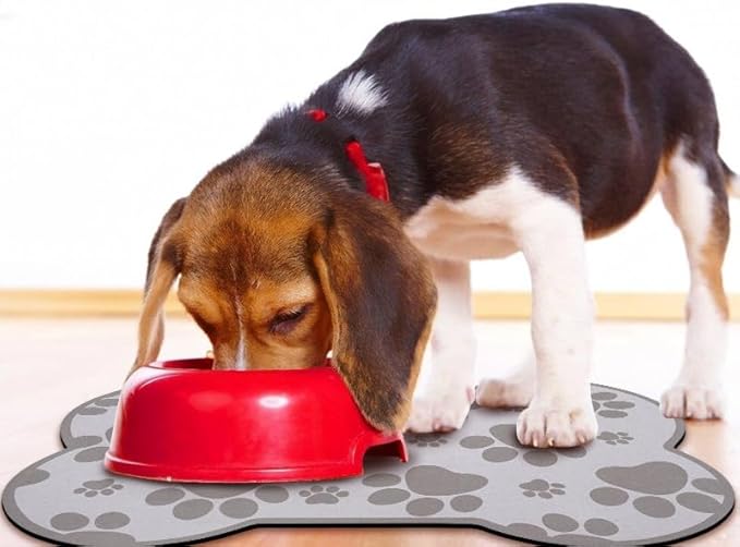 Dog Food Mats for Floors Waterproof, Pet Feeding Absorbent Water Bowl Mat Cat Placemats Gray Bone Shape 19 * 12 inch