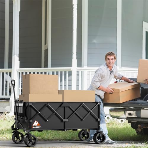 Collapsible Wagon Cart with Wheels Foldable - Folding Utility Heavy Duty Wagons Carts for Grocery Sports Garden Shopping Camping Wheelbarrows (Black,300L)