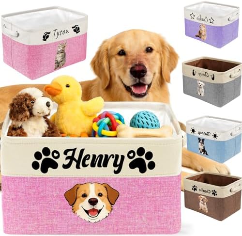Personalized Dog Toy Box Custom Pet Storage Basket with Name Photo Personalized Collapsible Organizer Basket for Pet Toys Clothes Blankets Pink