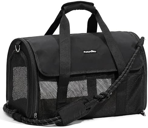 FUKUMARU Cat Carrier Soft, Ultra Lightweight Airline Approved Dog Carrier | Kitten Carrier with Anti-Scratch Mesh, Breathable Small Dog Carrier Bag, Collapsible Pet Carrier for Cats Under 15 lb, Black