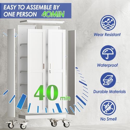 73.6" Metal Garage Storage Cabinet with Wheels and Locking Doors
