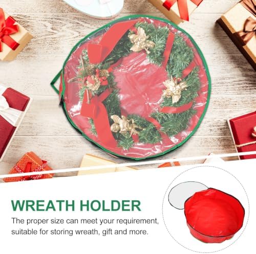 Toddmomy Red Christmas Wreath Storage Bag, Pet PVC Holder Round Window | Waterproof Sturdy Packing Bag, Holiday Party Decor Storage, View
