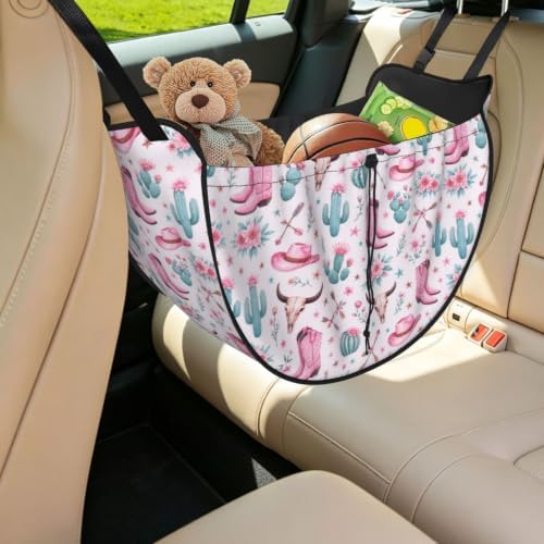 Pink Cowboy Boots Cactus Floral Car Seat Organizer Backseat Storage Bag, Large Waterproof Vehicle Organizer With Adjustable Straps For Gear Essentials, Fits Most Cars