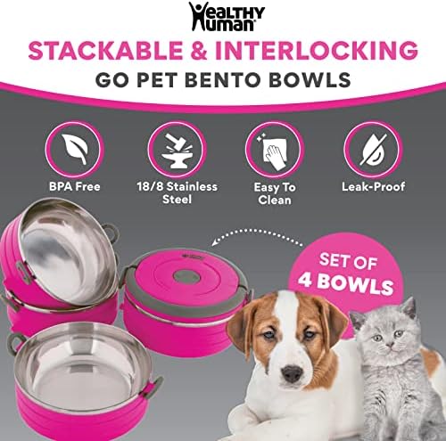 Healthy Human Travel Pet Bento Bowls - Human-Grade Stainless Steel & BPA-Free, Leak-Proof Water & Food Container Set for Dogs & Cats, 4-Pack Interlocking Bowls, Includes Spare Clips & Handle (Pink)