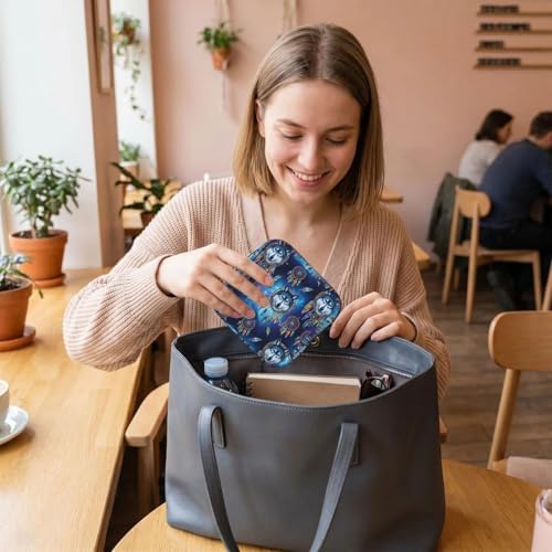 Ladies Sanitary Pad Storage Bag Space Wolf Dreamcatcher, Portable Polyester Period Pouch, Holds Tampons Panty Liners Menstrual Cup for Outdoor
