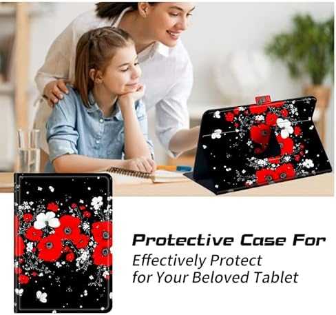 Universal Case for T-Mobile Revvl Tab 2 10.1" Model:9185W 2025/Revvl Tab 5G 10.36" 2023, 360 Degree Rotating Kickstand Protective Stand Leather Shell Cover for 9"-10.5", Red White Flowers
