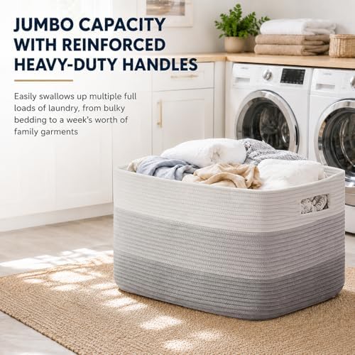 OIAHOMY Large Blanket Basket, 22”x17”x12” Rectangle Woven Baskets, Nursery Blanket Storage Living Room, Toy Storage With Handle, Large Baskets for Organizing-Gradient Grey (Pack of 2)