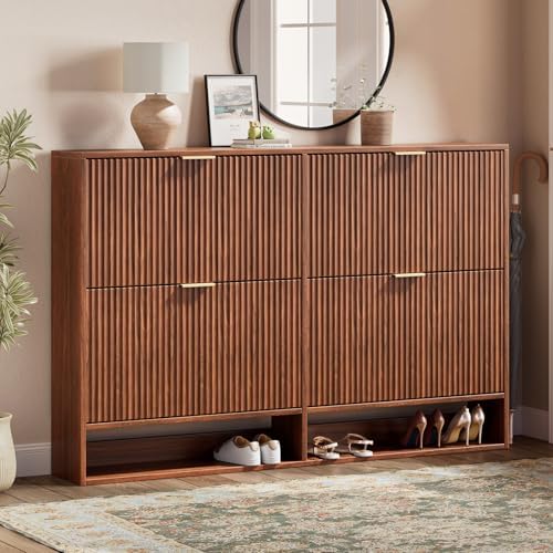 Evermagin 47.2''W Walnut Shoe Cabinet Storage for Entryway, Fluted Slim Shoe Dresser with 4 Flip Drawers, Narrow Shoe Rack Cabinet, Hidden Shoe Organizer Cabinet for Entrance, Hallway