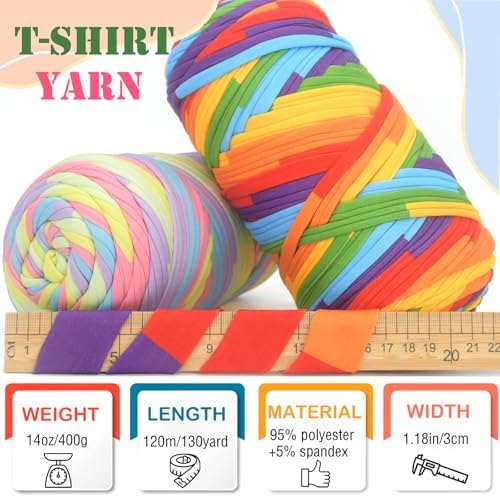 400g Tshirt Yarn for Crochet,Rainbow T Shirt Soft Elastic Fabric Chunky Thick T-Shirt Crochet Yarn for Crocheting Knitting Beginner Hand Knitting for Bag/DIY Craft/Home Decor-Bright Rainbow
