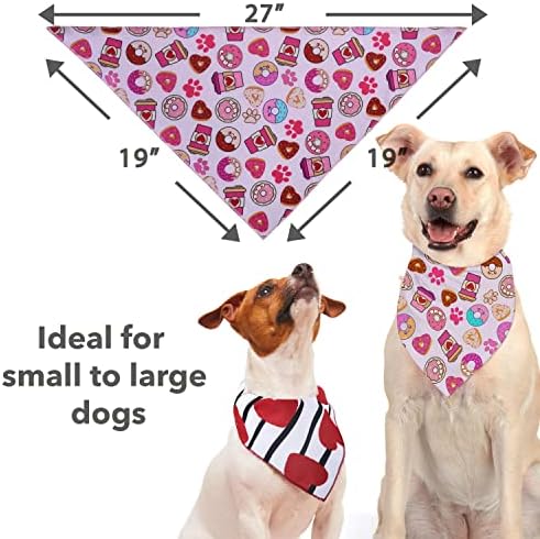 Valentine's Day Dog Bandanas - 2 Pack, Heart, Donut, Paw Printed Pet Scarves, Dog Valentines Bandanas for Small, Medium, Large Dogs, Puppy Outfit, Pink, White