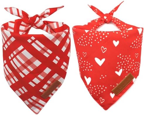 Realeaf Valentine's Day Dog Bandanas 2 Pack, Reversible Red Plaid Heart Dog Scarf for Boy and Girl, Premium Durable Fabric, Holiday Love Bandana for Large and Extra Large Dogs Pets (Small)