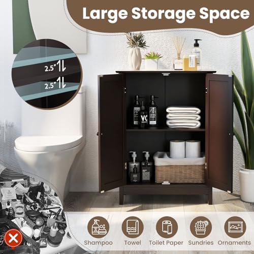 COSTWAY Bathroom Storage Cabinet, Freestanding Bathroom Organizers and Storage with Doors & Adjustable Shelf, Wooden Floor Cabinet for Home, Living Room, Entryway, Kitchen (Brown) | Storage with Doors & Adjustable Shelf, Wooden Floor Cabinet for Home, ...