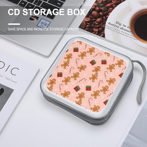 Protective DVD Case Holder Pink Gingerbread Christmas, 40-Capacity Hard Plastic Binder with Zipper, Portable CD Organizer for Car Home