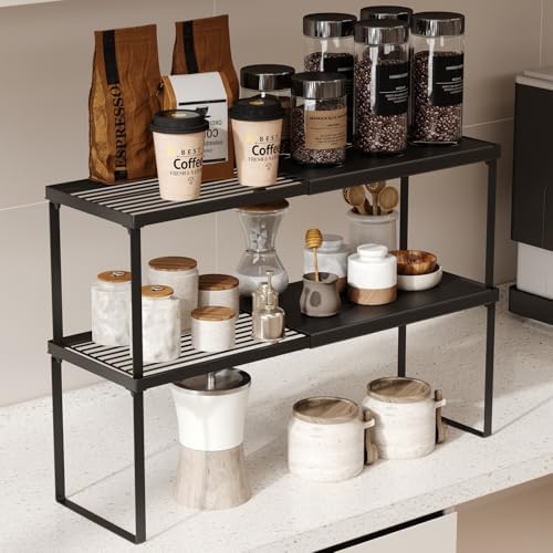 Magheo Expandable Kitchen Countertop Organizer, 2 Pack Stackable Cabinet Shelf Risers, Metal Spice Rack Heavy Duty Counter Organizer Storage for Kitchen, Pantry, Cupboard, Rv (8.7in Height,Black)