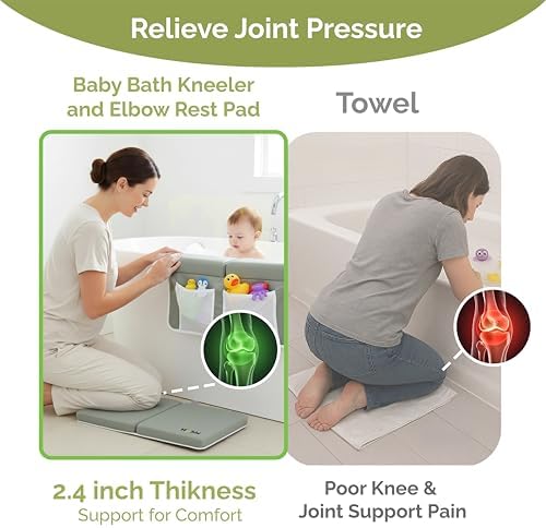 Wobbi Baby Bath Kneeler and Elbow Rest Pad Set | Extra Thick Memory Foam Support for Comfortable Bath Time | Non-Slip Suction Base | 4 Storage Pockets & Quick-Dry Design for Parents | Green