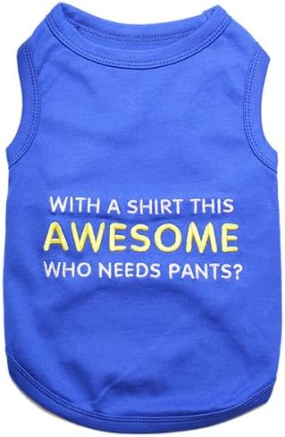 Parisian Pet Dog Tshirt - Embroidered “ Awesome “ Dog Shirt - Pure Cotton and Lightweight Dog Clothes - Blue Sleeveless Pet Tee Shirts - Cute Puppy Clothes - Pet Shirts for Large Dogs Boy - XL