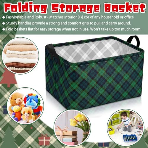 Chunful 4 Pack Christmas Tartan Plaid Storage Baskets for Gifts Collapsible Green Tartan Decorative Laundry Storage Bins Foldable Box with Handles for Home Bedroom Office Holiday Clothes Containers